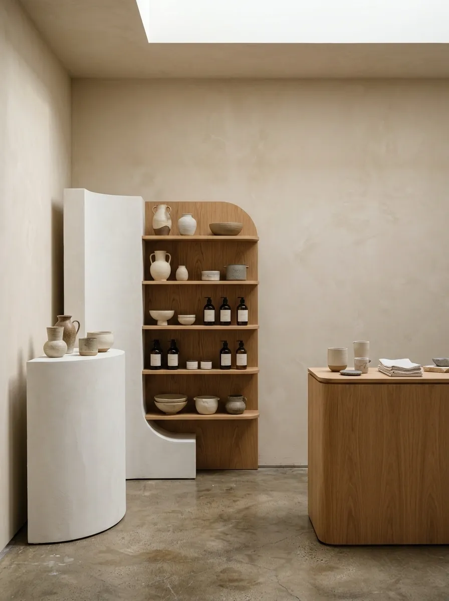 Neutral Minimal Booth With Sculptural Display Furniture