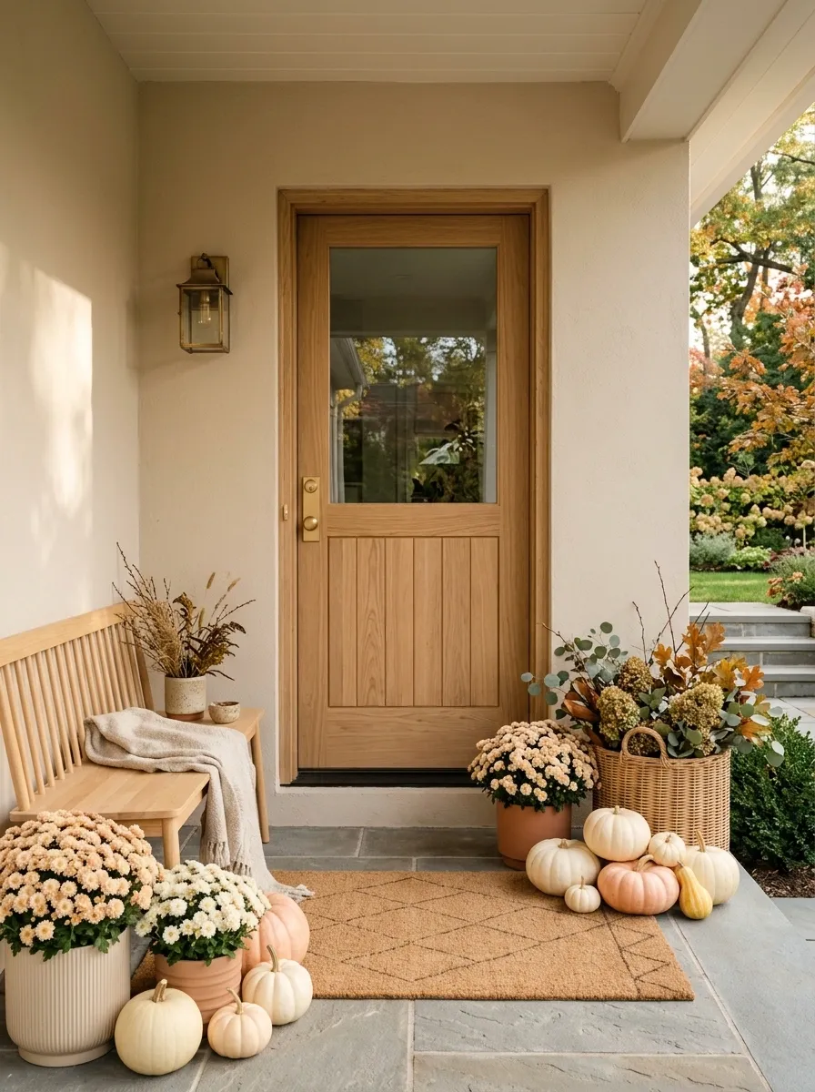Neutral Porch With Pale Peach Mums