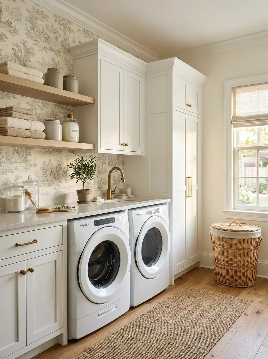 Neutral Scenic Wallpaper With Traditional White Cabinetry