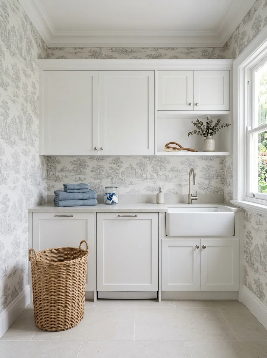 Neutral Scenic Wallpaper With White Traditional Cabinetry