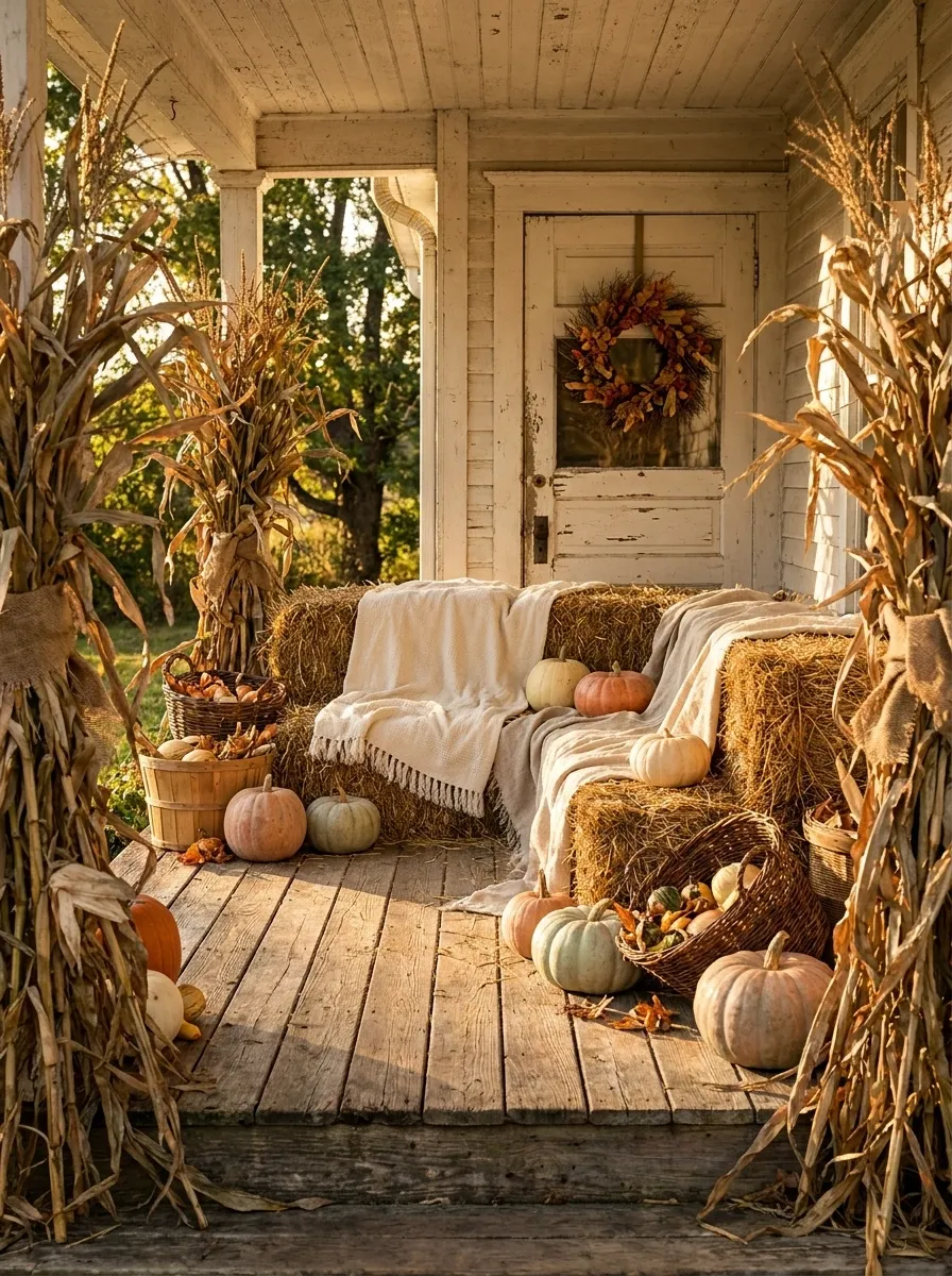 Old Farm Porch With Hay Bale Seating and Tall Corn Framing