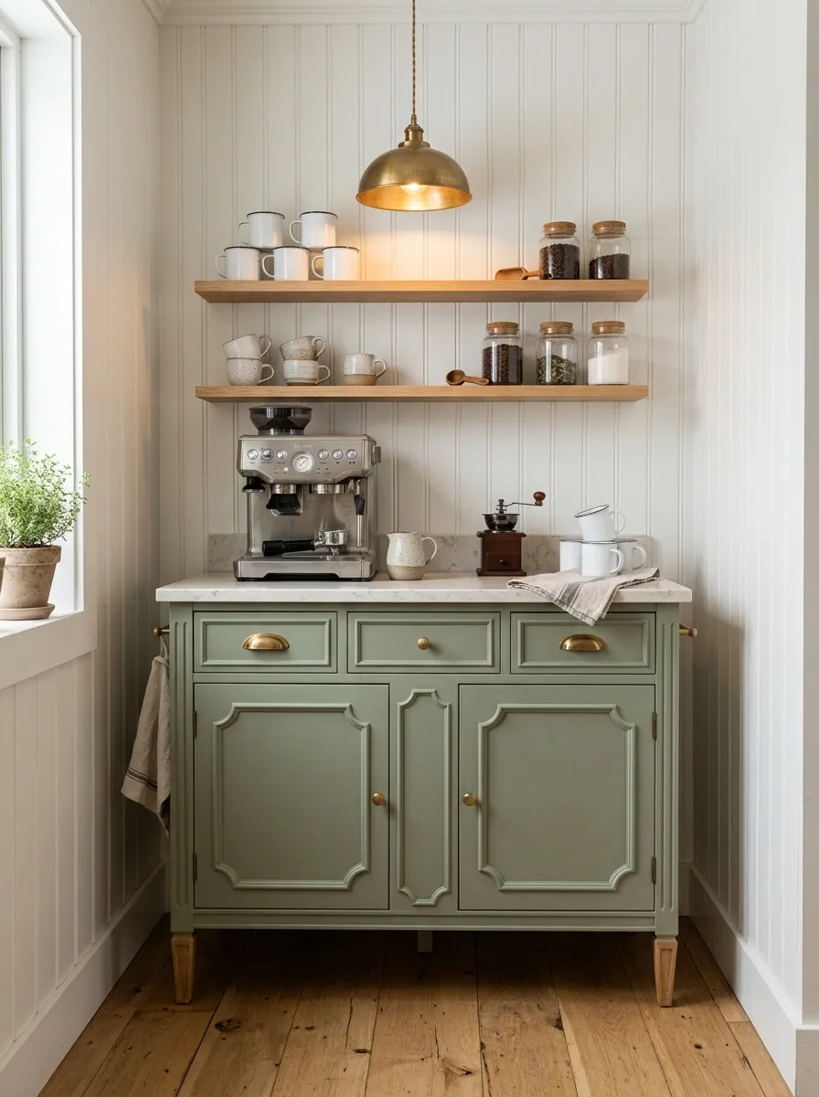 Old-Farmhouse Coffee Bar With Freestanding Base Cabinet