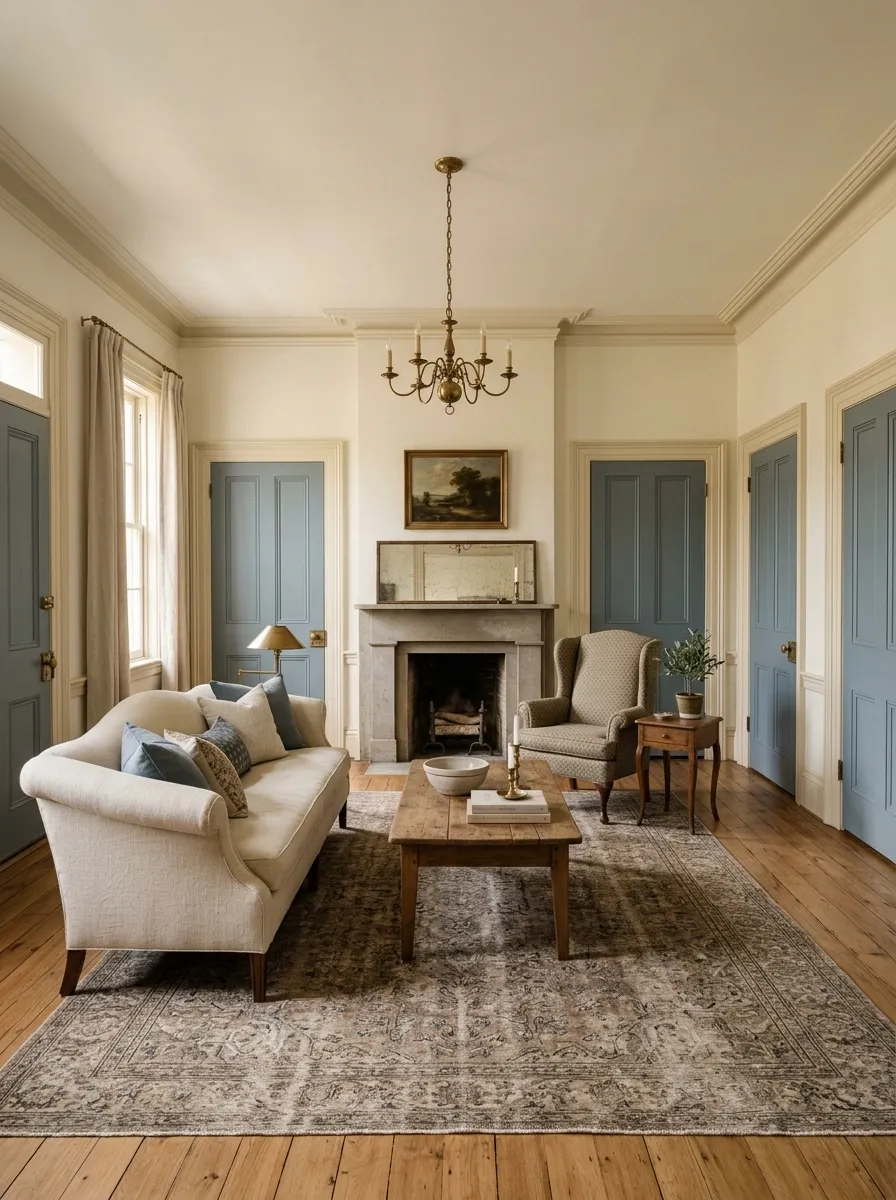 Old-Home Living Room With Contrasting Painted Doors