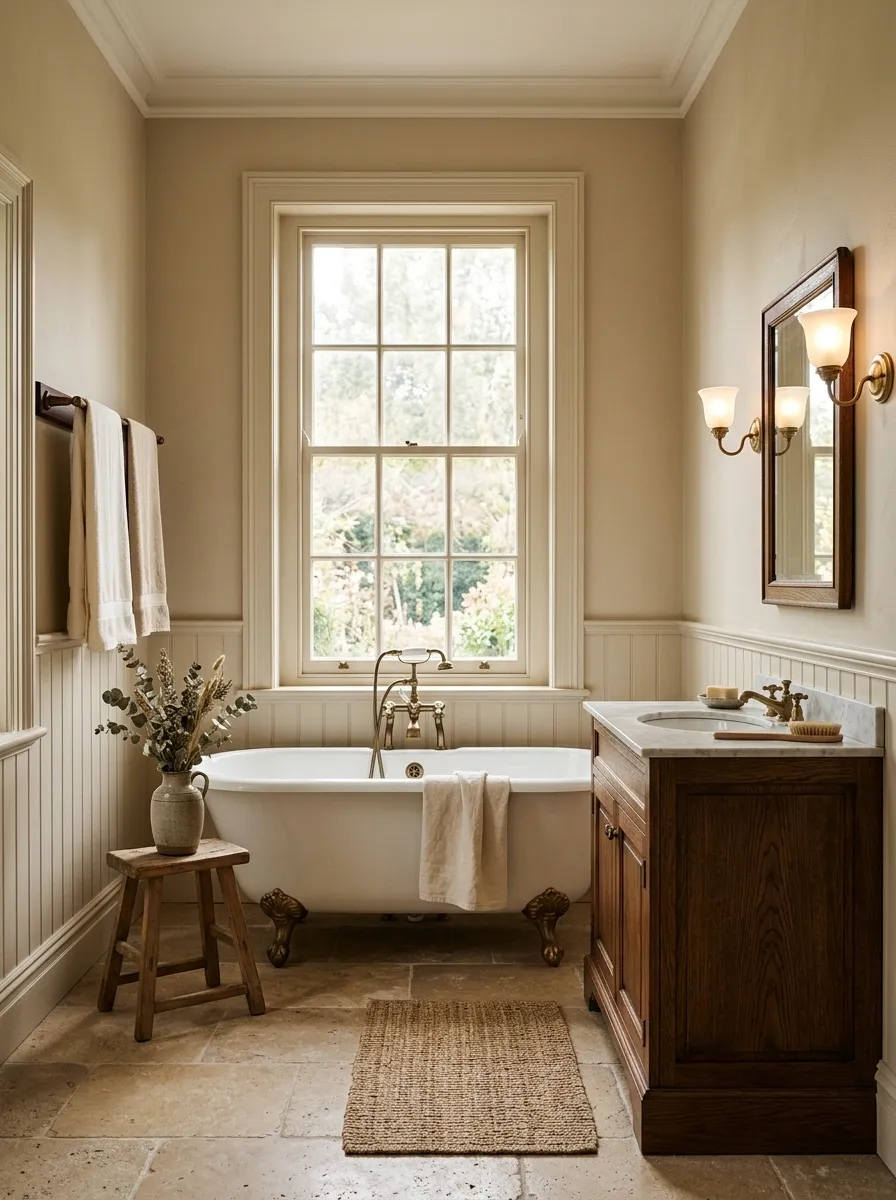 Old-House Beige Bathroom With Clawfoot Tub and Painted Wood