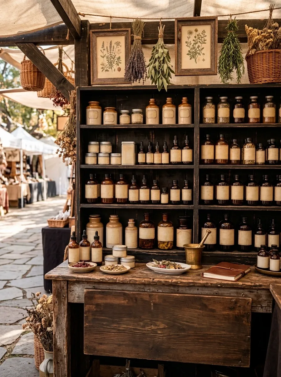 Old-World Apothecary Booth With Glass Jars and Dark Shelving