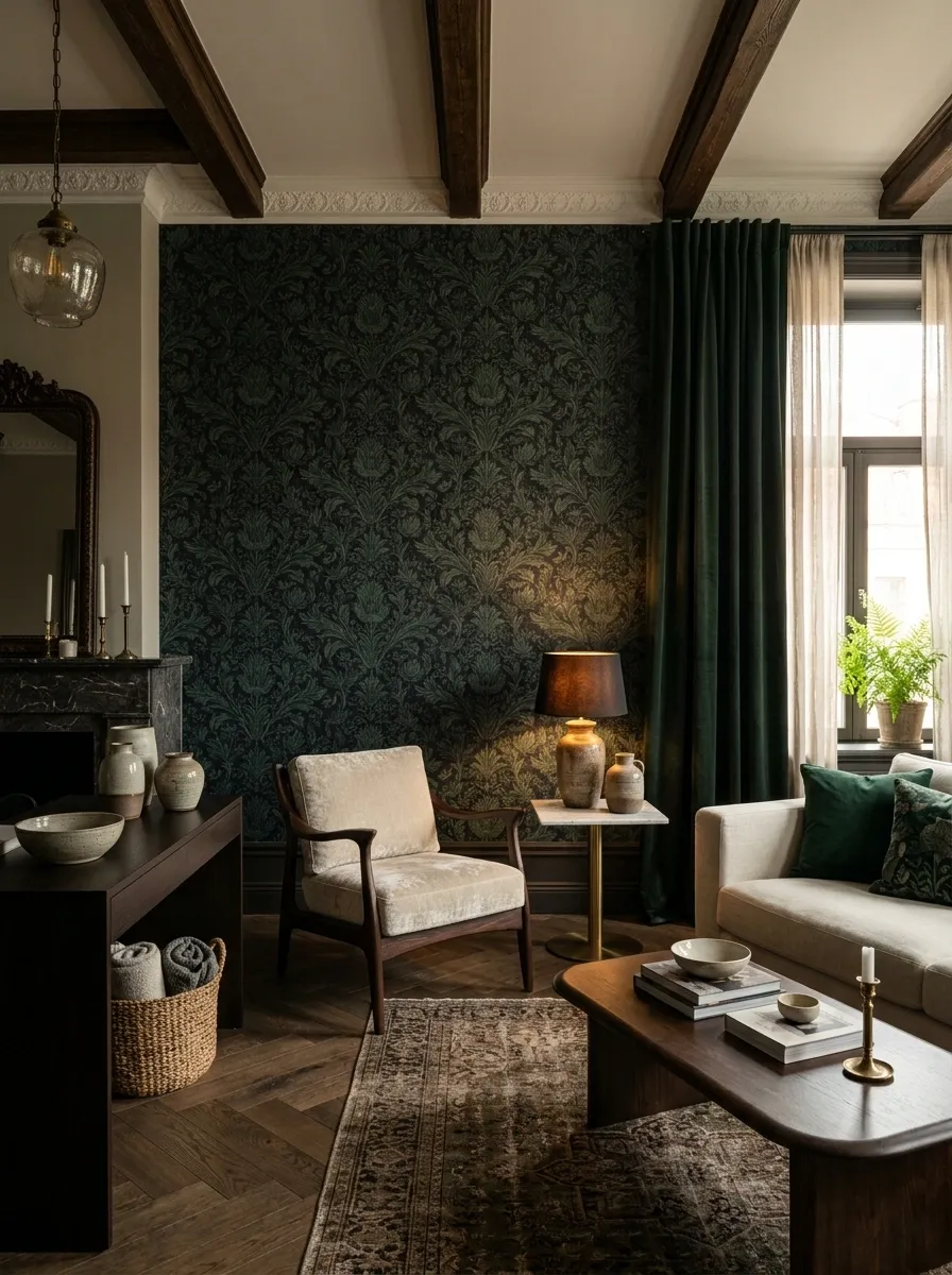 Old-World Dark Feminine Apartment With Patterned Wallpaper