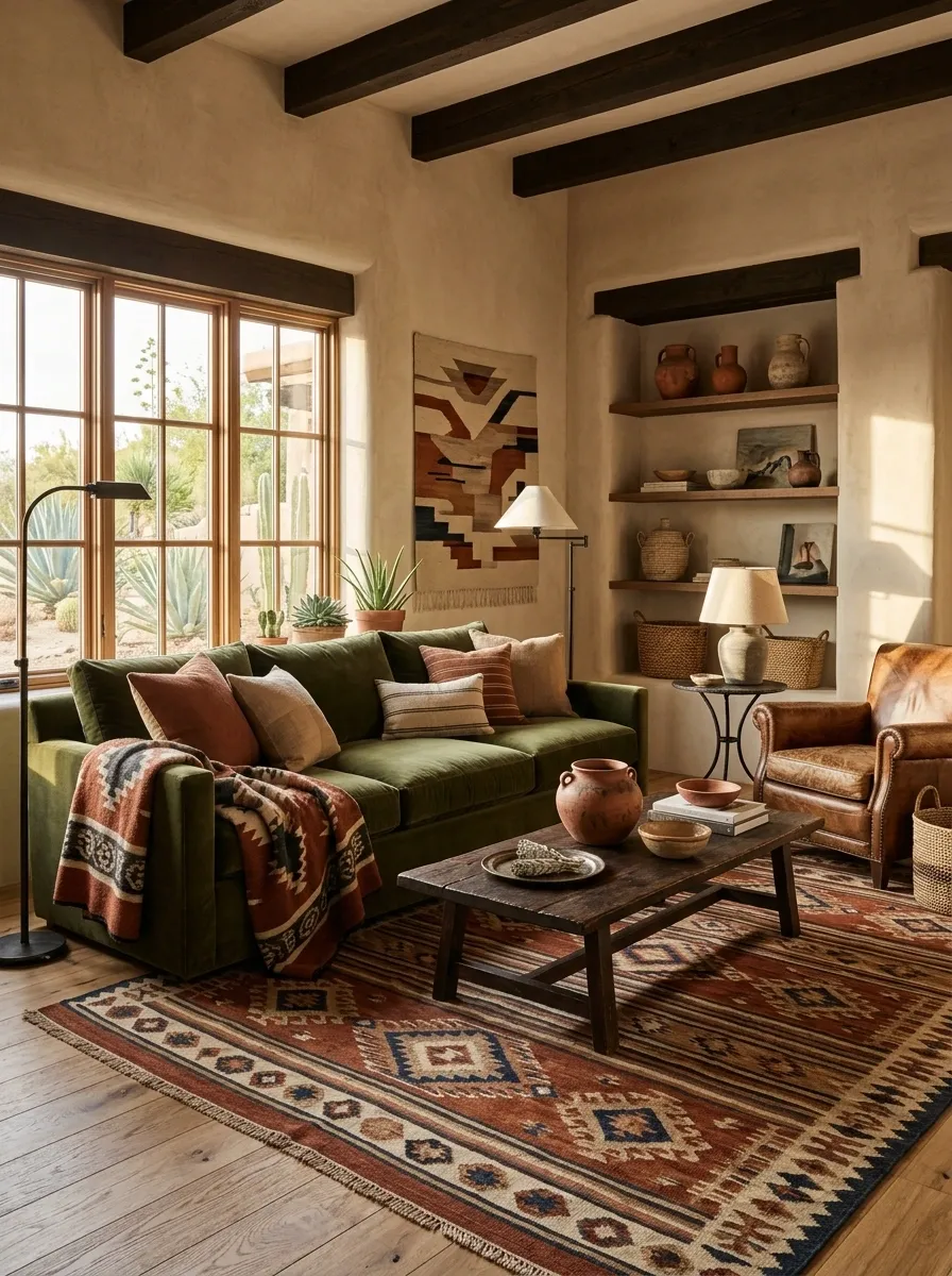 Olive and Rust Living Room With Southwestern Influence
