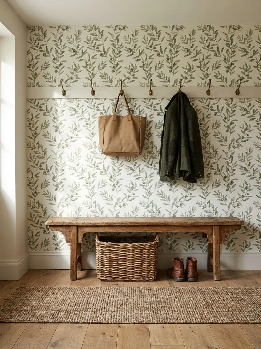 Olive Botanical Entryway With a Rustic Wood Bench