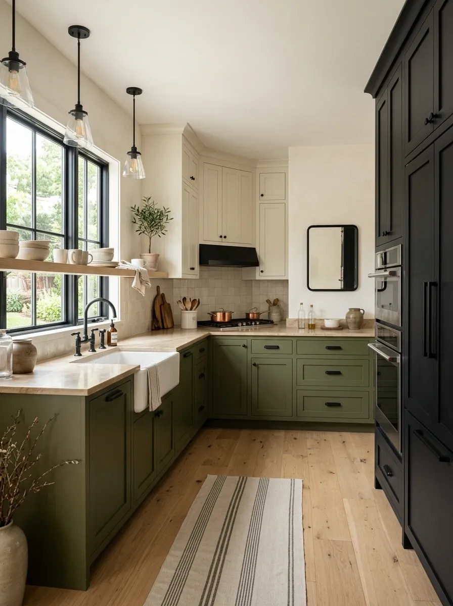Olive, Cream, and Black Modern Farmhouse Kitchen