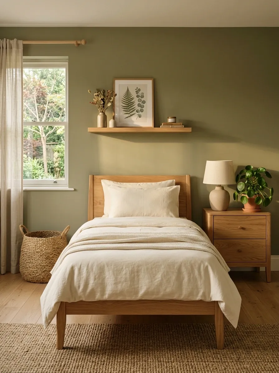Olive Green Bedroom With Natural Wood and Botanical Styling