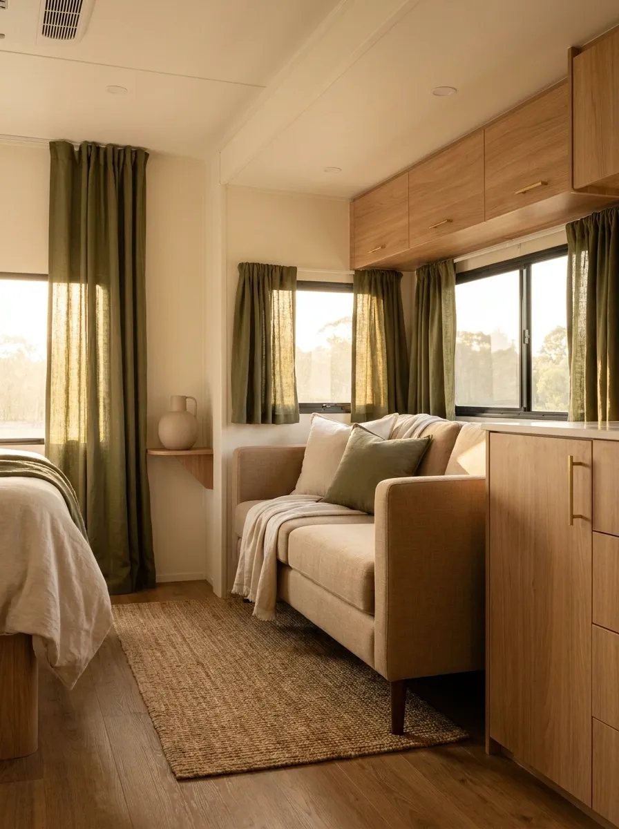 Olive Green Curtains With Warm Neutral Upholstery