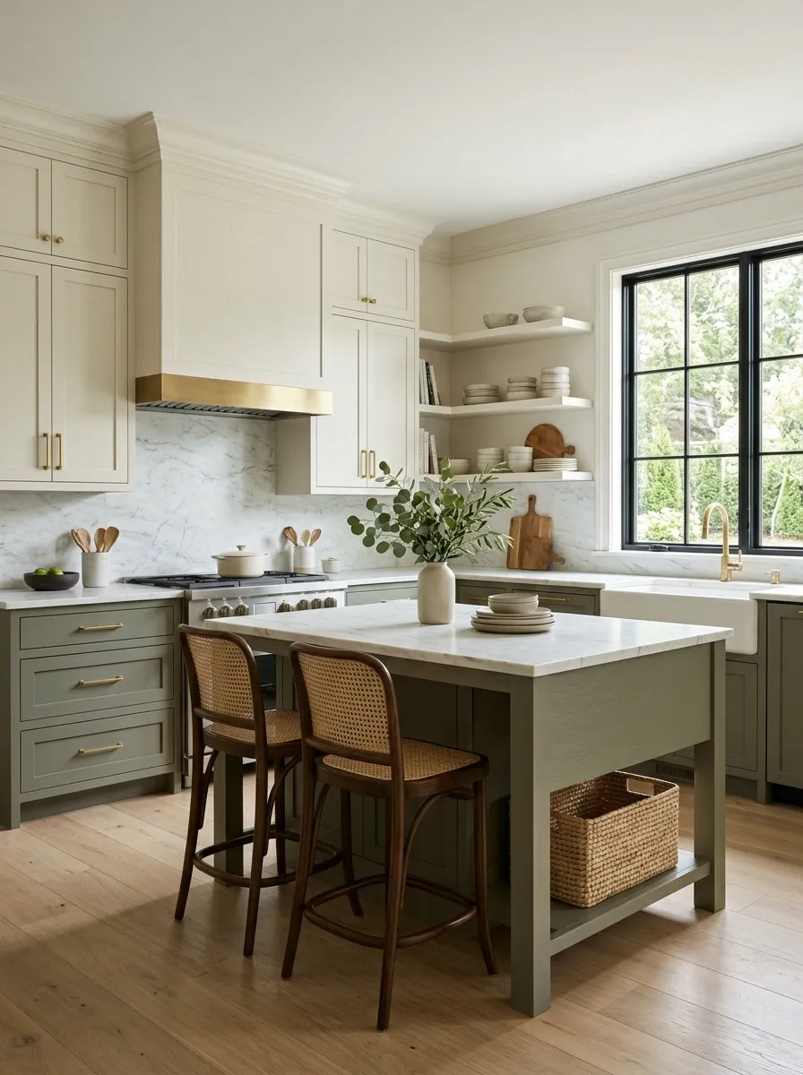 Olive Green Shaker Kitchen With Cream Cabinets Above