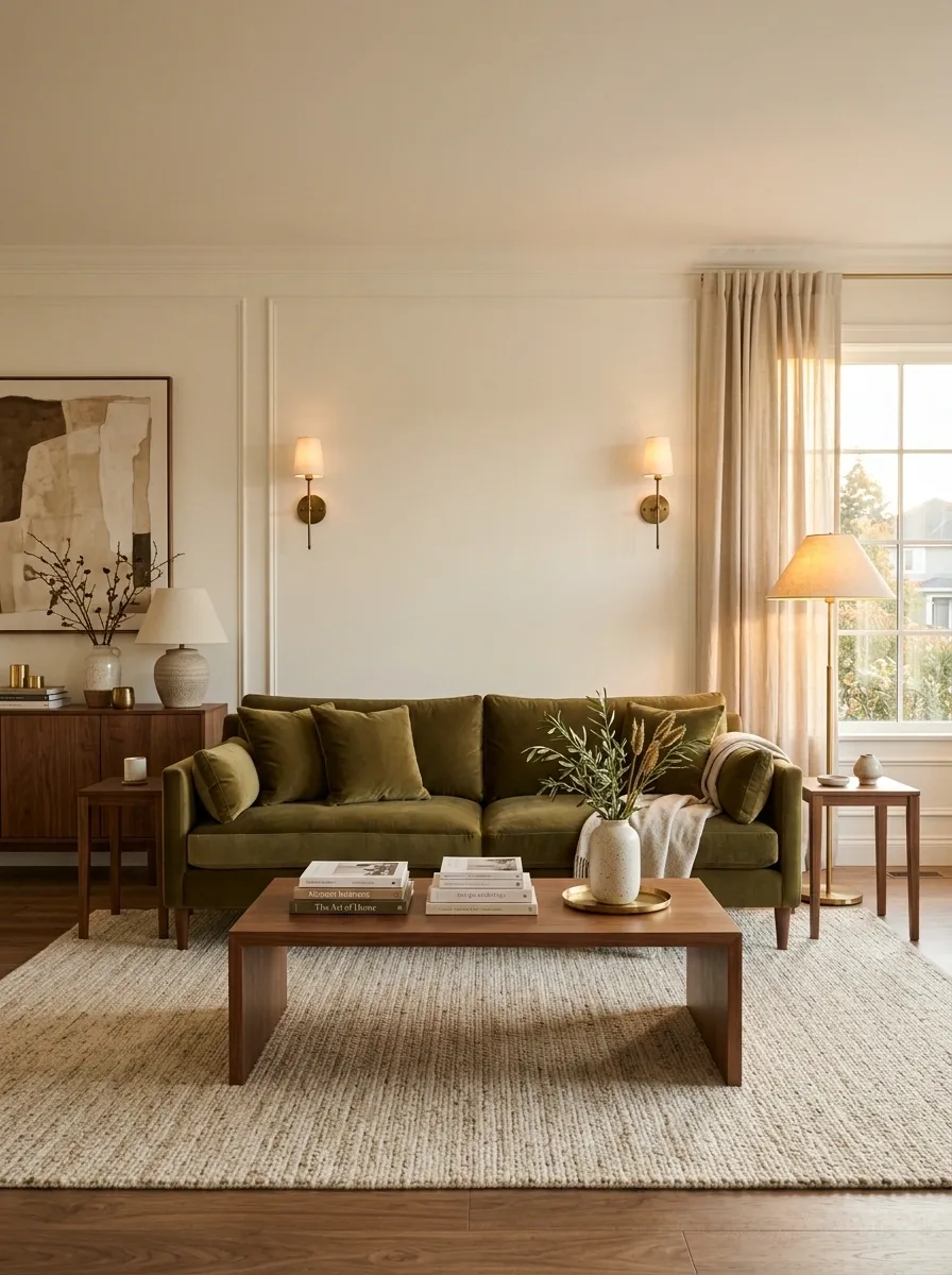 Olive Green Sofa With Warm White Walls and Walnut Furniture