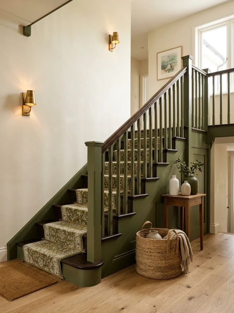 Olive Green Staircase With Dark Wood and Antique Brass