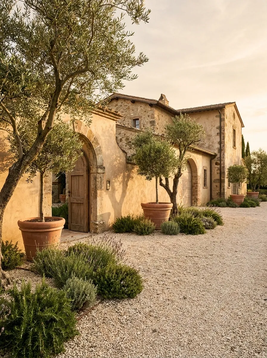 Olive Trees and Gravel Along a Mediterranean Driveway
