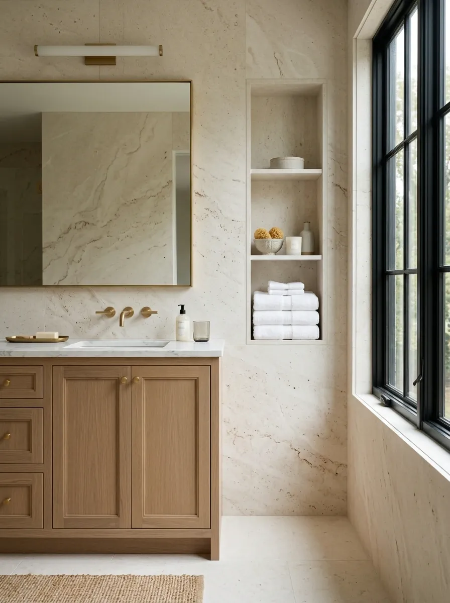 Open Limestone Niche Between Vanity and Wall