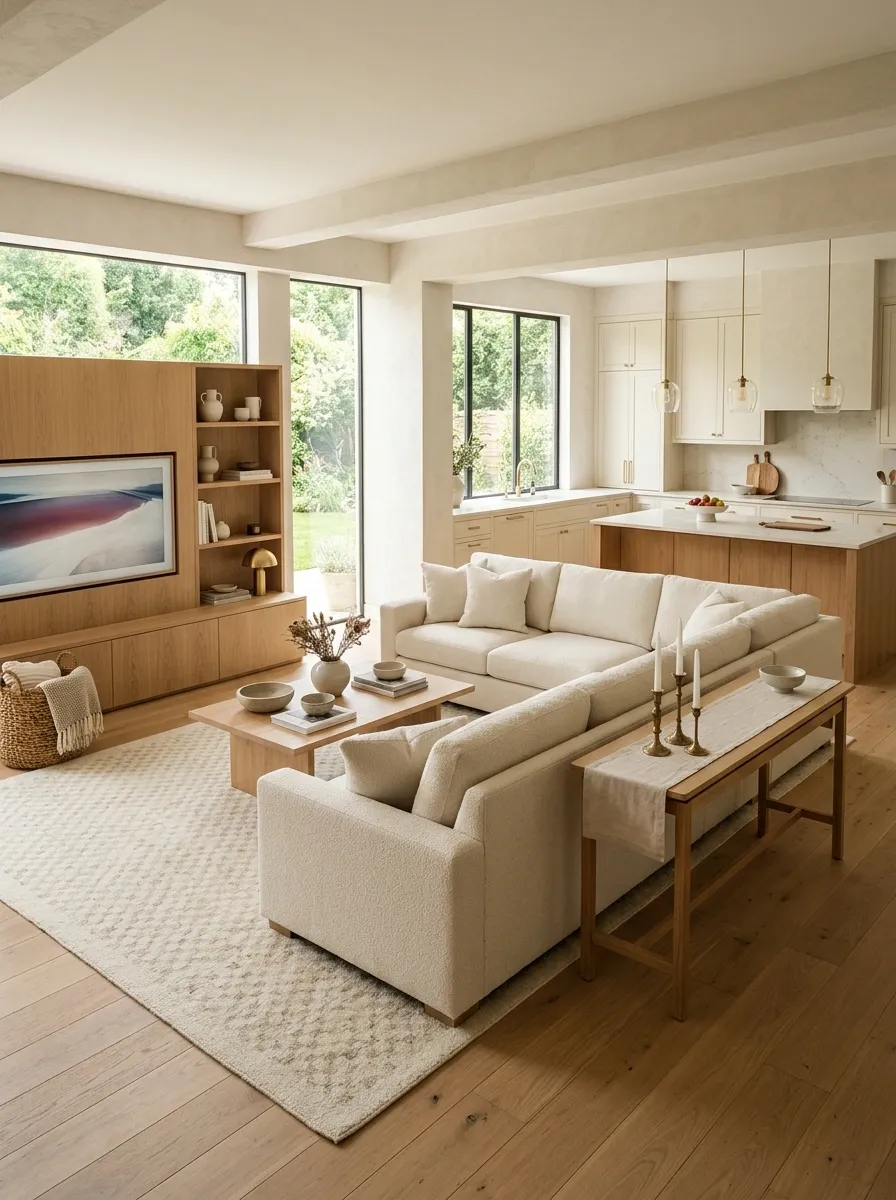 Open-Plan Layout With Sectional Separating Living and Kitchen