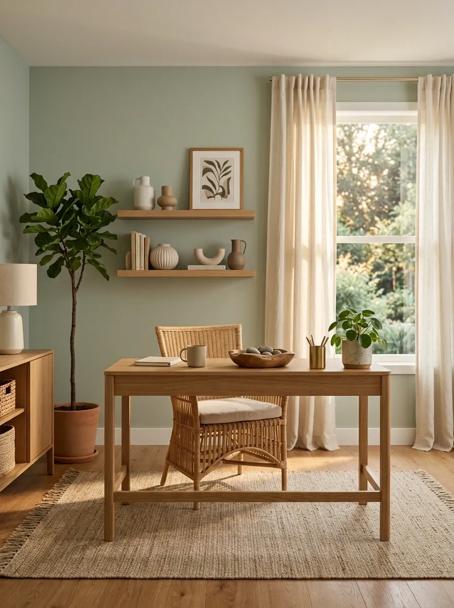 Organic Feminine Office With Sage and Natural Wood