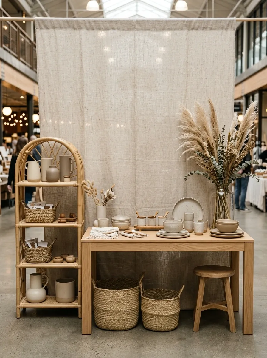 Organic Linen Booth With Rattan, Oak, and Dried Botanicals