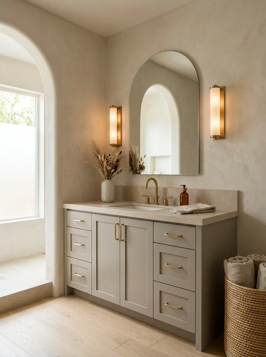 Organic Modern Bathroom With Beige Stone and Mushroom Grey Cabinetry