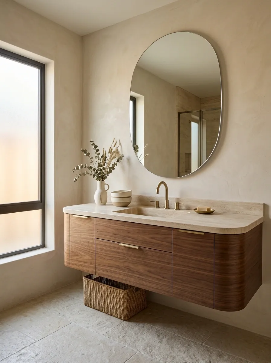Organic Modern Bathroom With Travertine and Curved Wood
