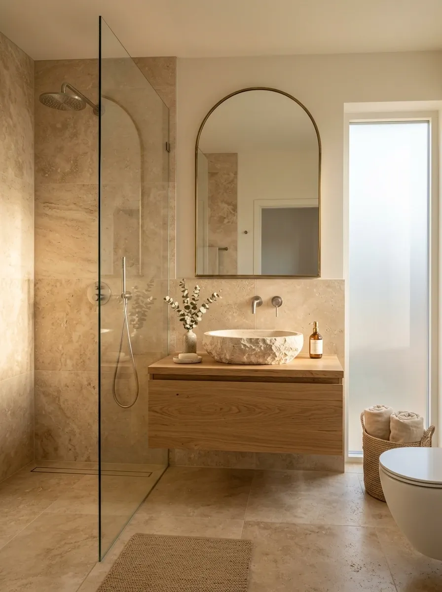 Organic Modern Bathroom With Travertine and Natural Oak