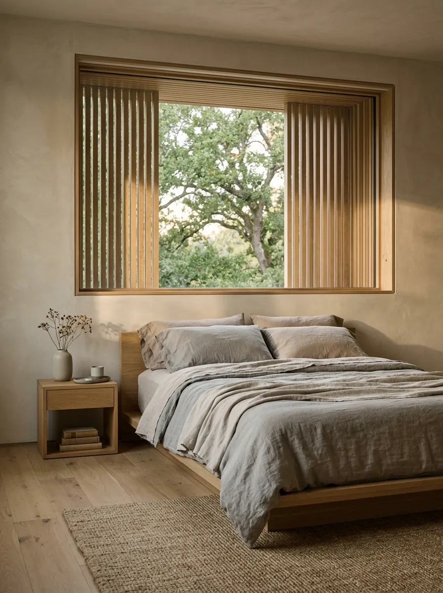 Organic Modern Bedroom With Oak Slats and Soft Stone Tones
