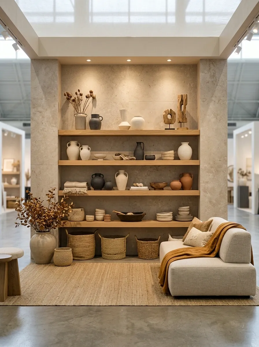 Organic Modern Booth With Stone, Oak, and Linen