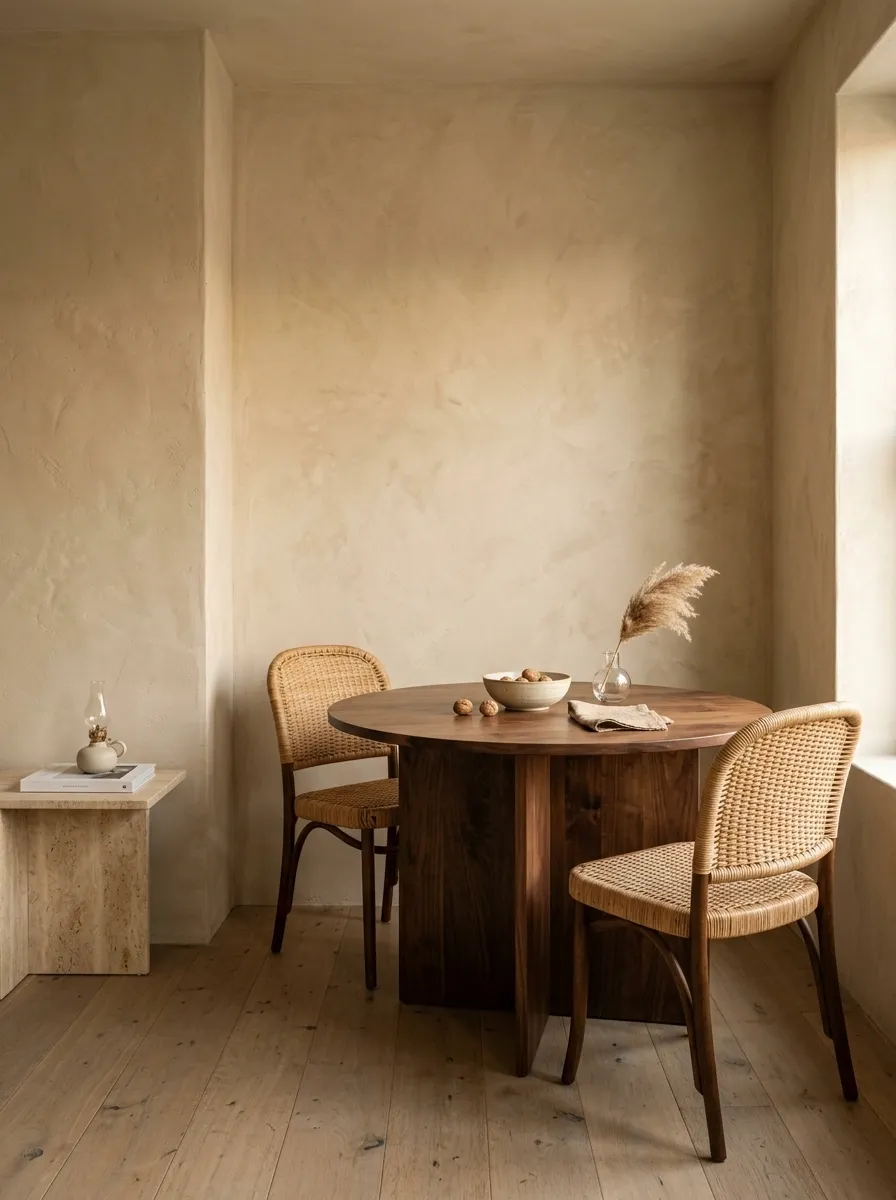 Organic Modern Dining Nook With Travertine and Walnut