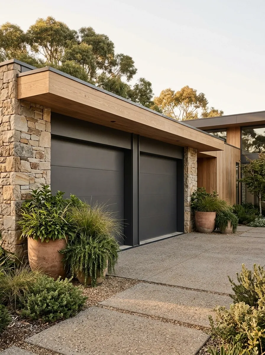 Organic Modern Garage With Stone, Wood, and Native-Looking Planting