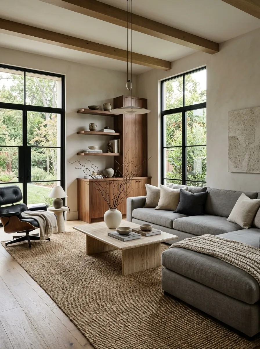 Organic Modern Grey Sofa Room With Stone and Walnut
