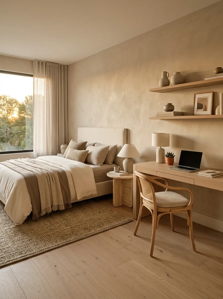 Organic Modern Guest Room With a Limestone-Toned Office