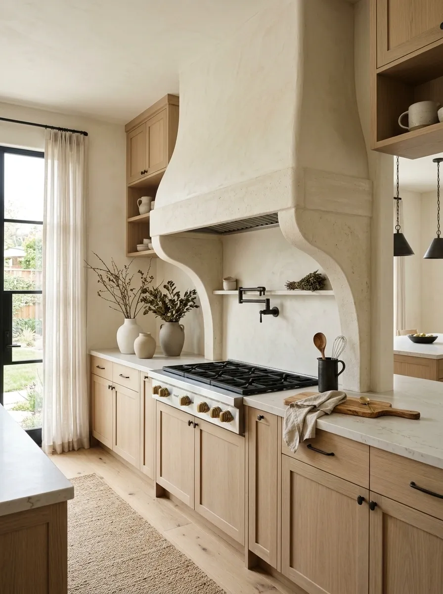 Organic Modern Kitchen With Limestone Hood Surround