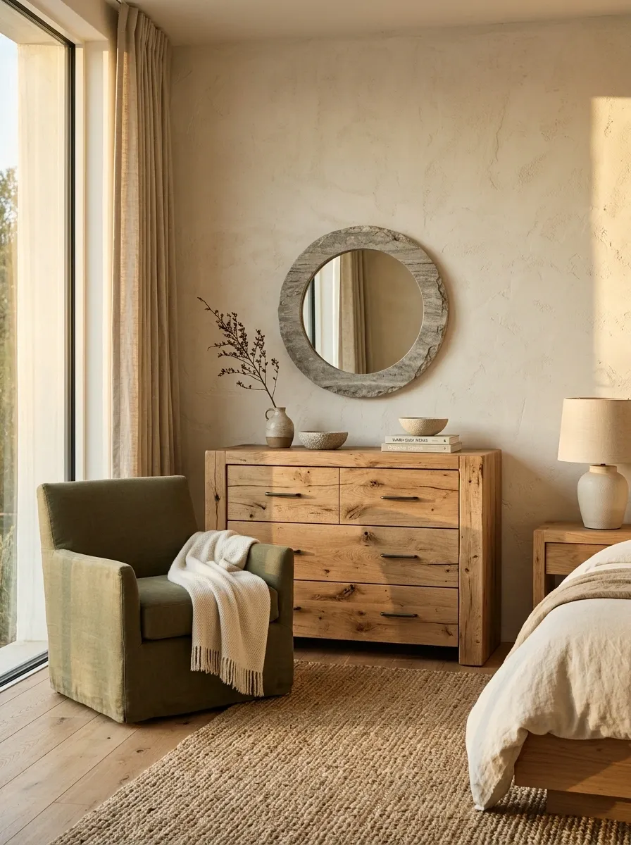 Organic Modern Oak Dresser With Stone, Linen, and Olive