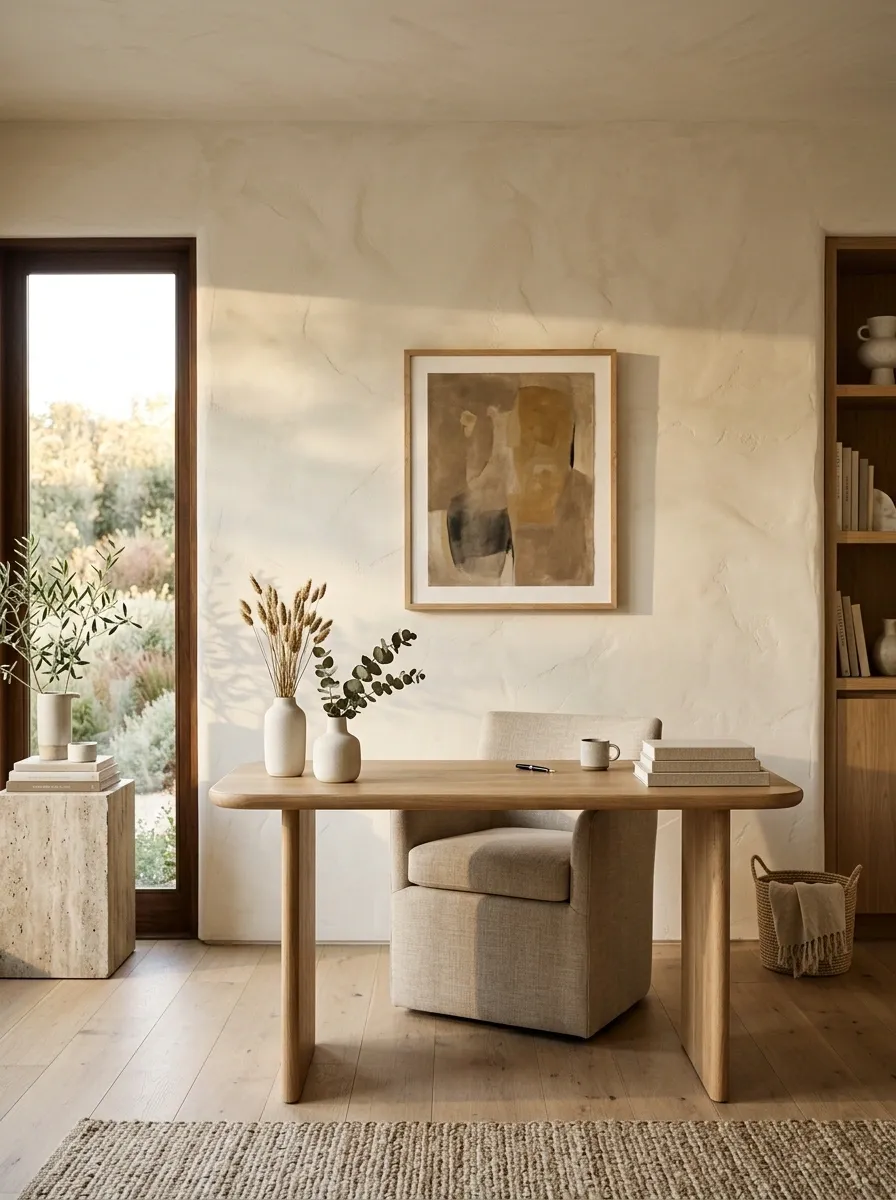 Organic Modern Office With Plaster Walls and Natural Wood
