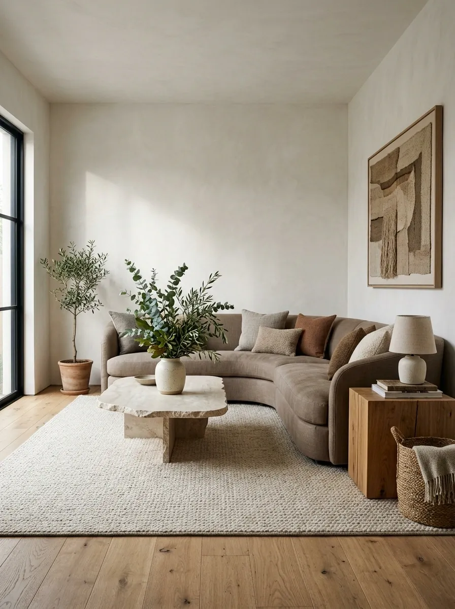 Organic Modern Sectional With Stone, Oak, and Sculptural Greenery