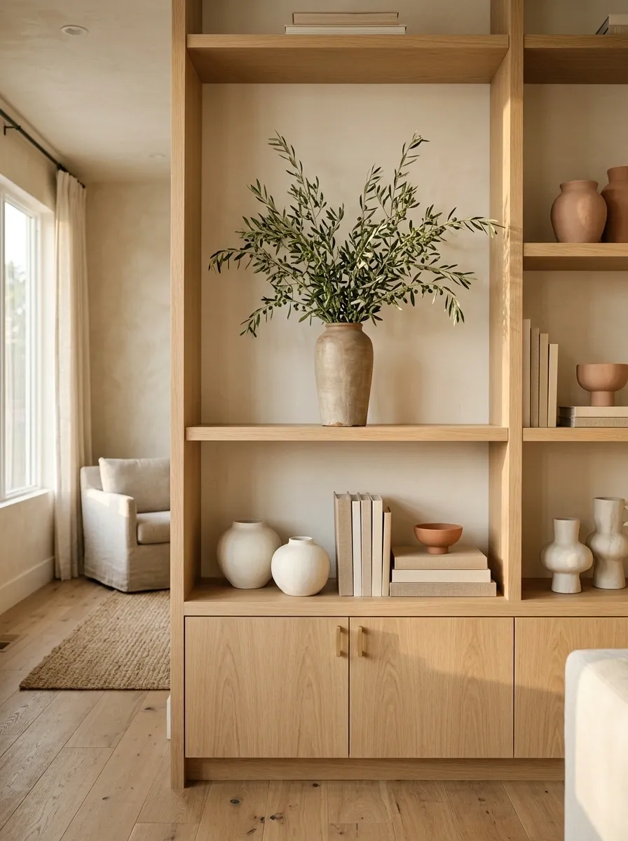 Organic Modern Shelf With Stoneware, Olive Branches, and Soft Terracotta