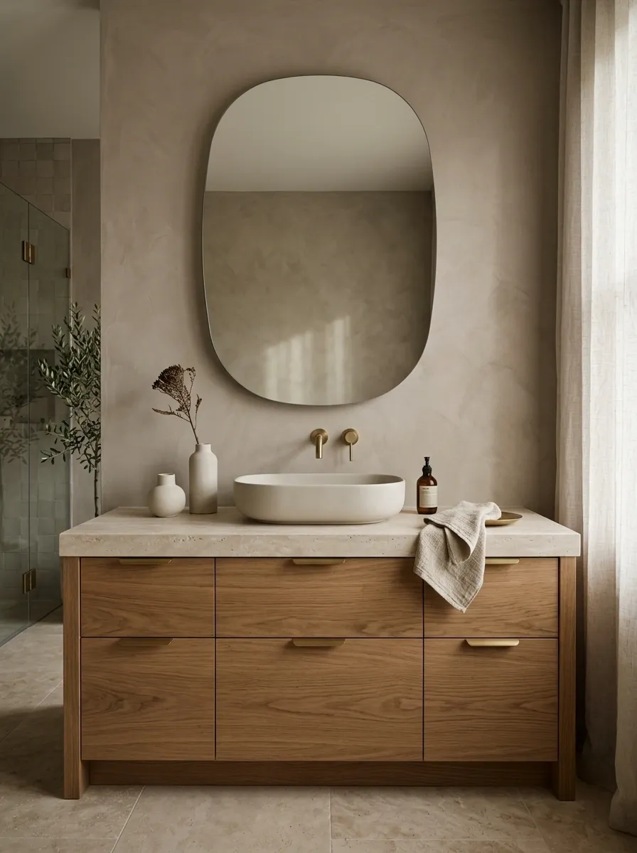 Organic Modern Vanity With Travertine and Soft Taupe Walls