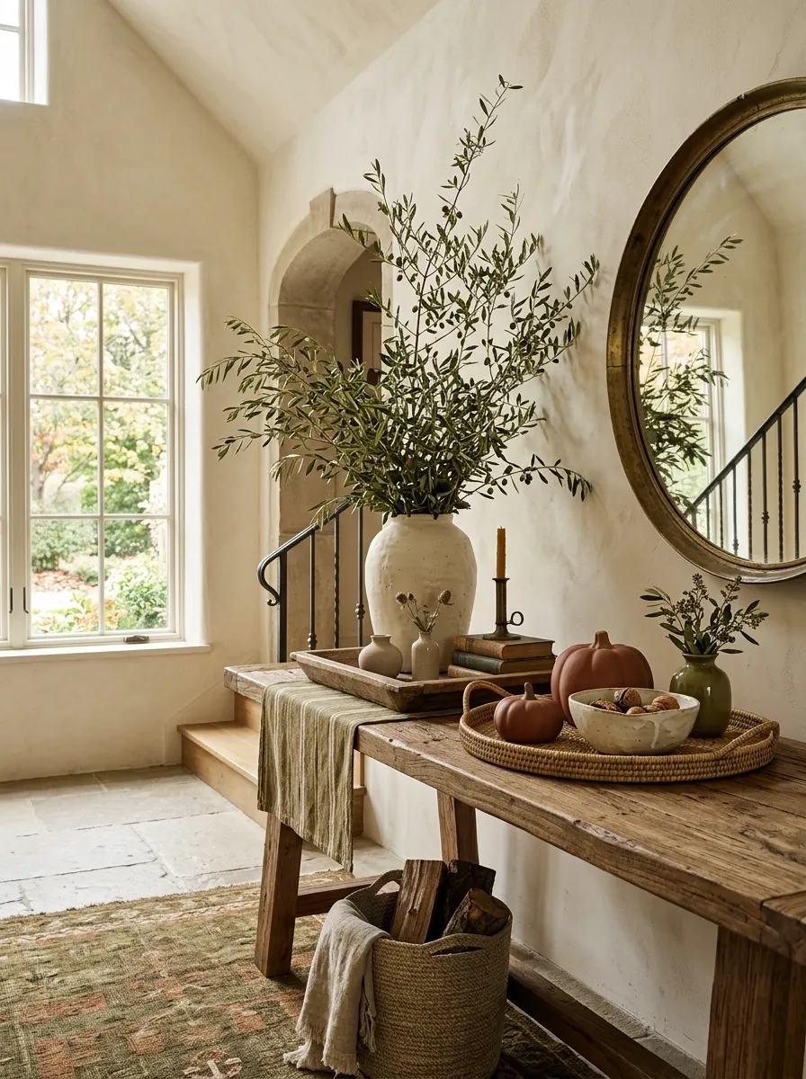 Organic Rustic Entry With Olive Branches, Stoneware, and Olive Green