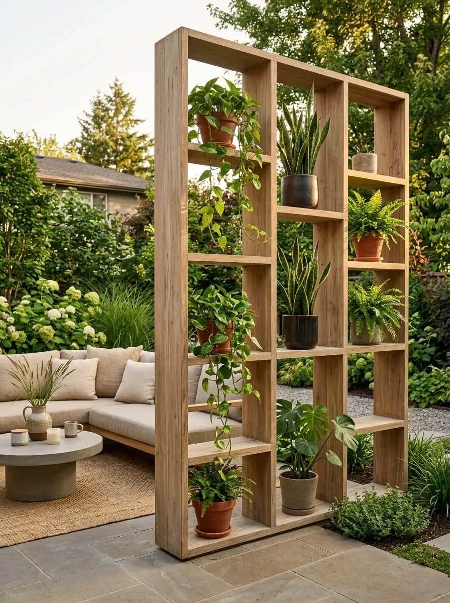 Outdoor Bookcase-Style Screen With Selective Planting