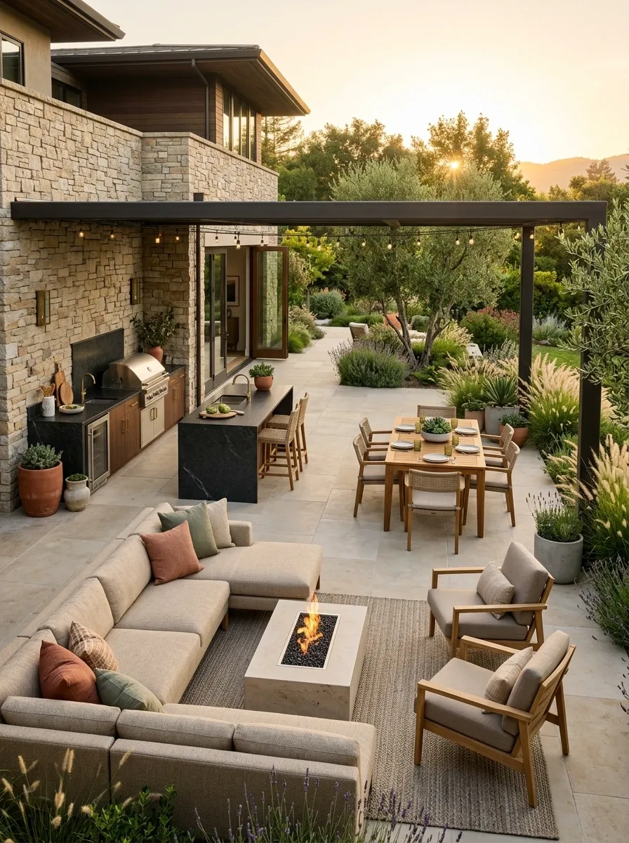 Outdoor Kitchen Patio With Dining and Lounge Zones