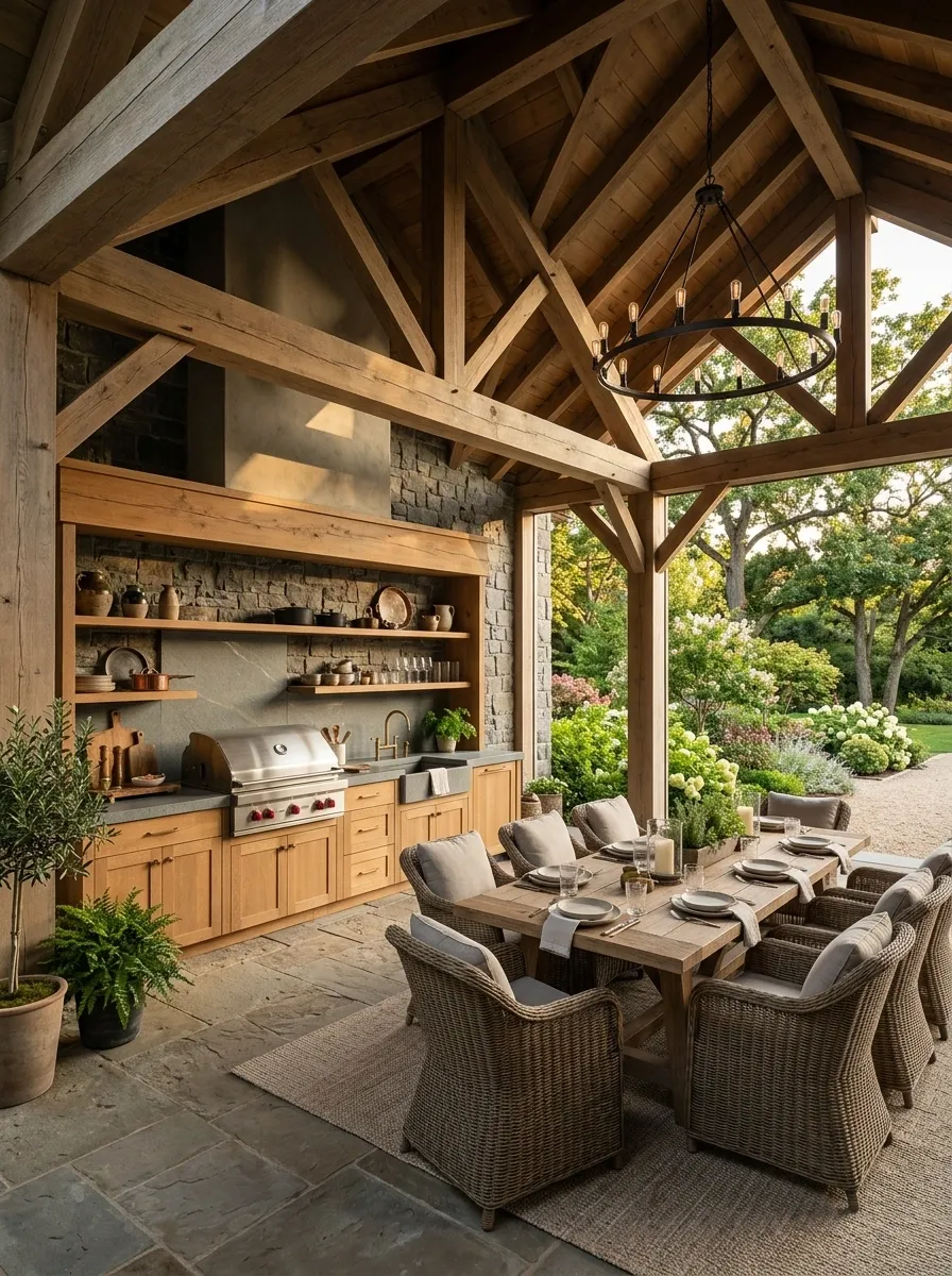 Outdoor Kitchen Porch With a Deep Roof and Dining Zone