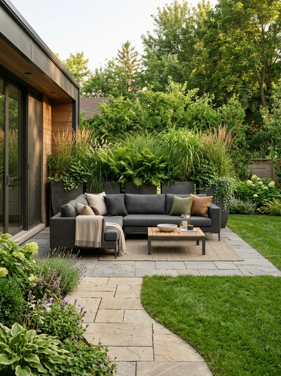 Outdoor Sofa Positioned Behind a Tall Planter Backdrop