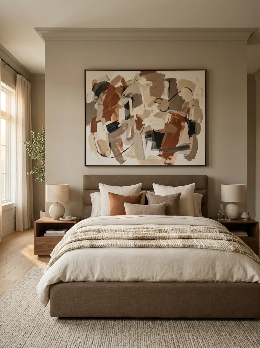 Oversized Abstract Canvas Above a Mushroom-Toned Bed