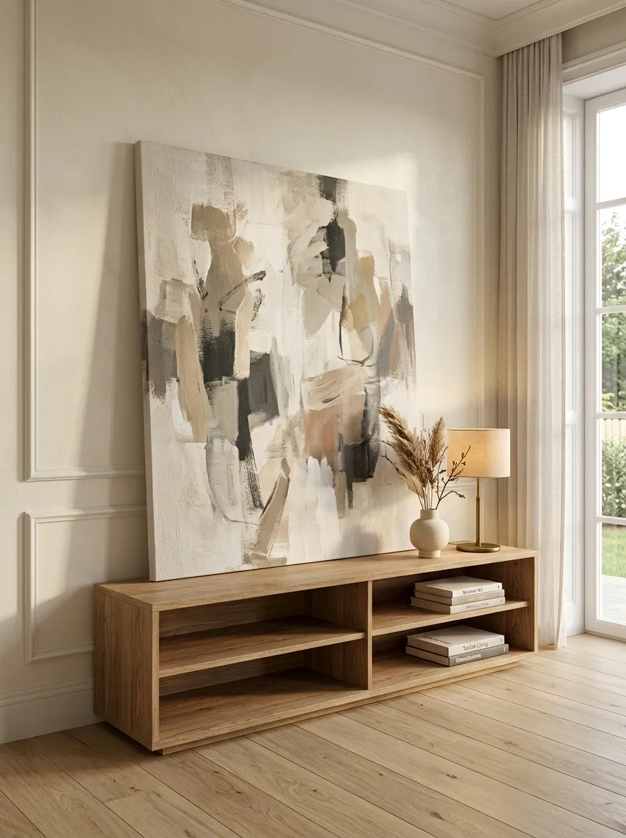 Oversized Artwork Leaning Above a Low Console