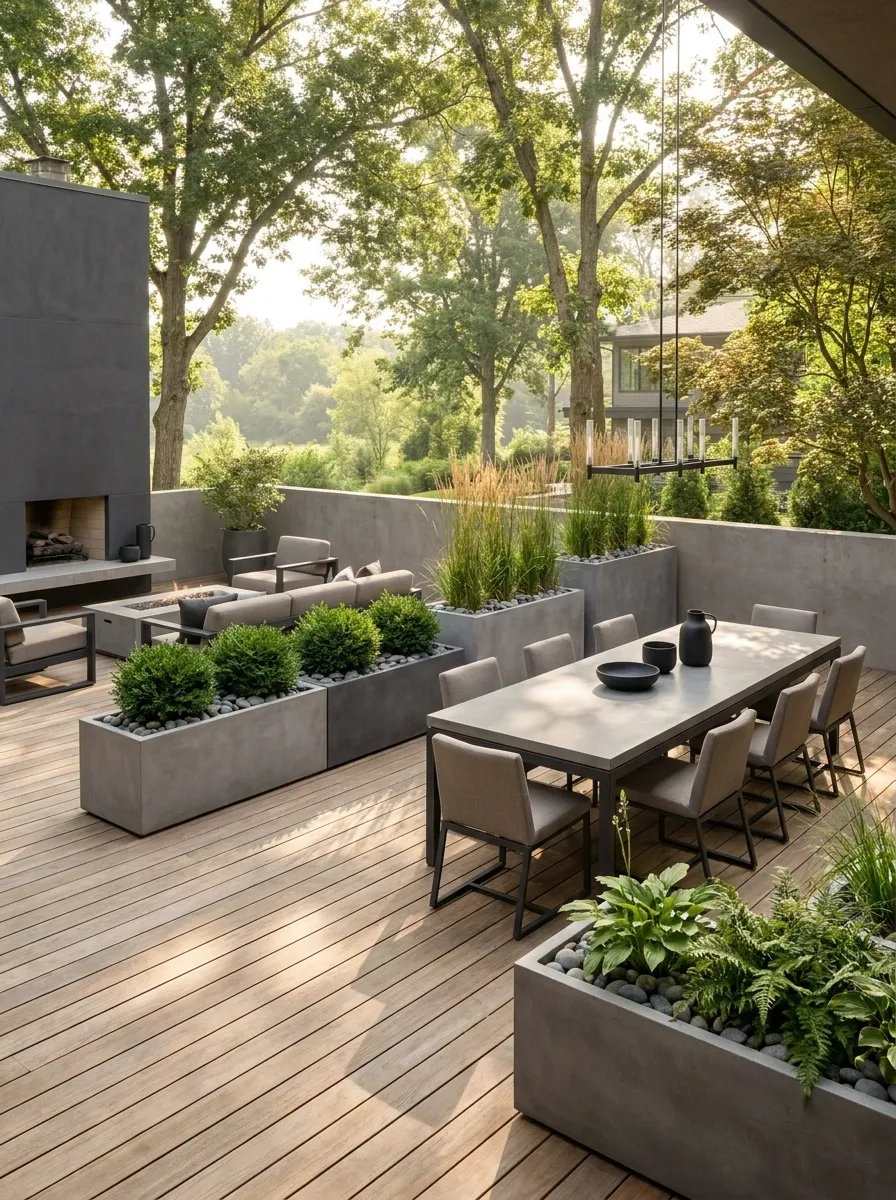 Oversized Concrete Planters Around a Large Contemporary Deck