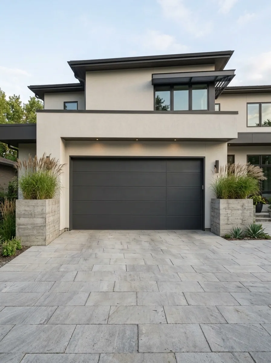 Oversized Concrete Planters Framing a Modern Double Garage
