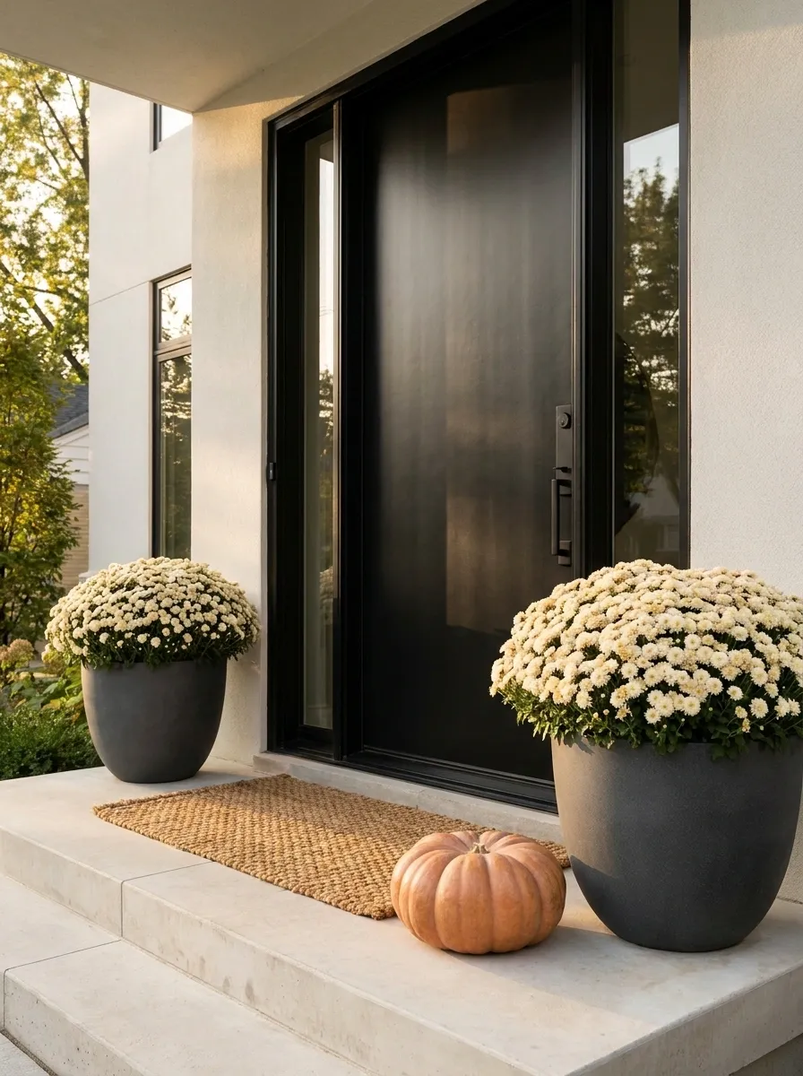 Oversized Cream Mums Beside a Black Door