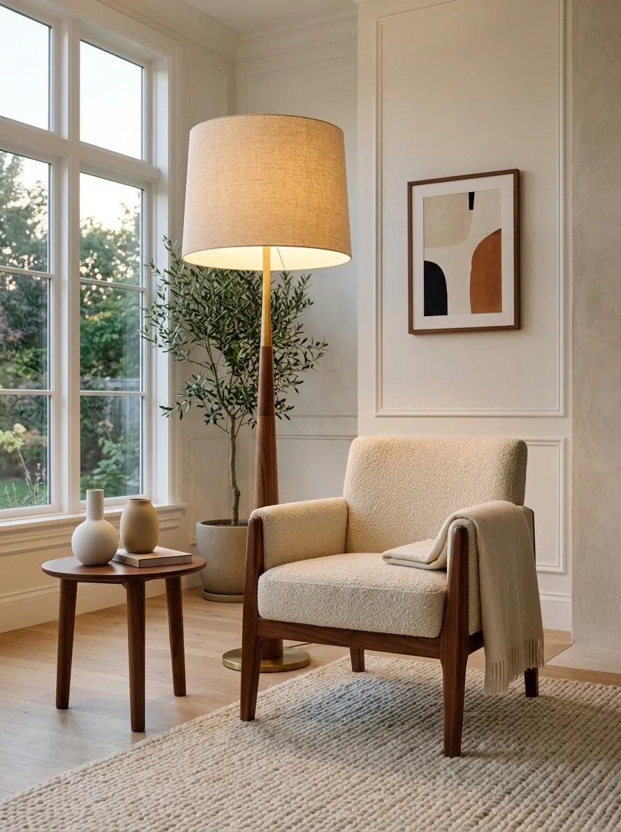 Oversized Floor Lamp Beside a Compact Sofa