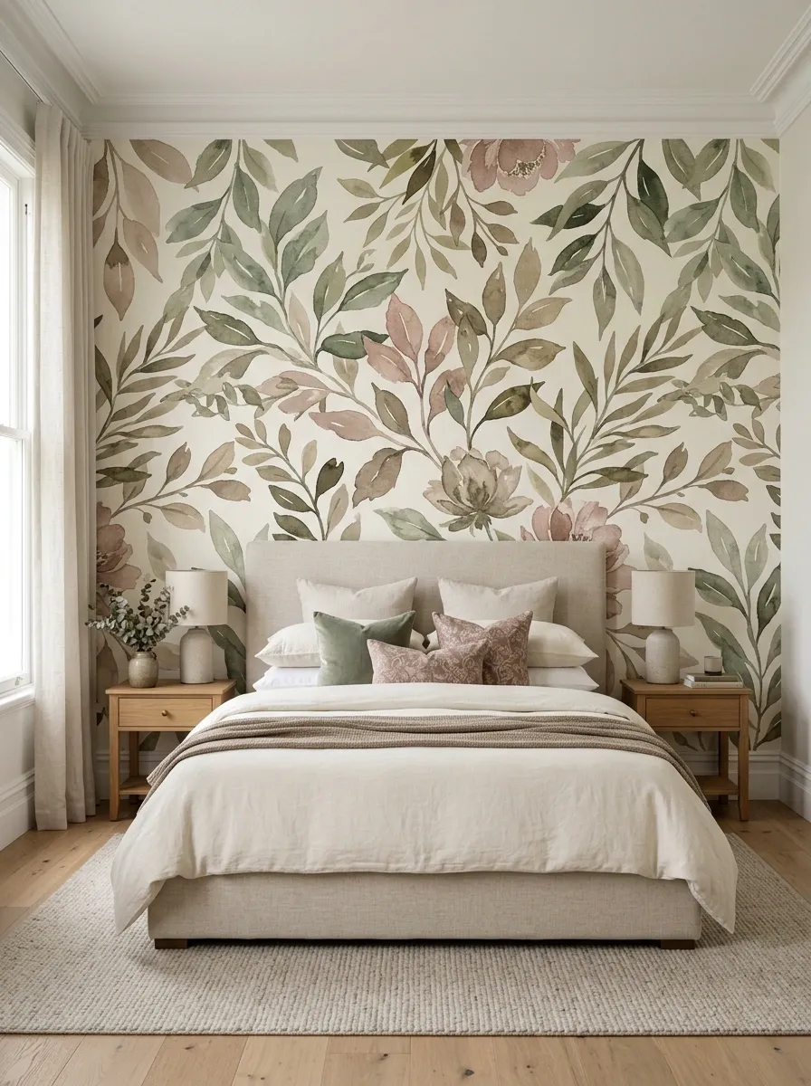 Oversized Floral Wallpaper Framing the Entire Bed
